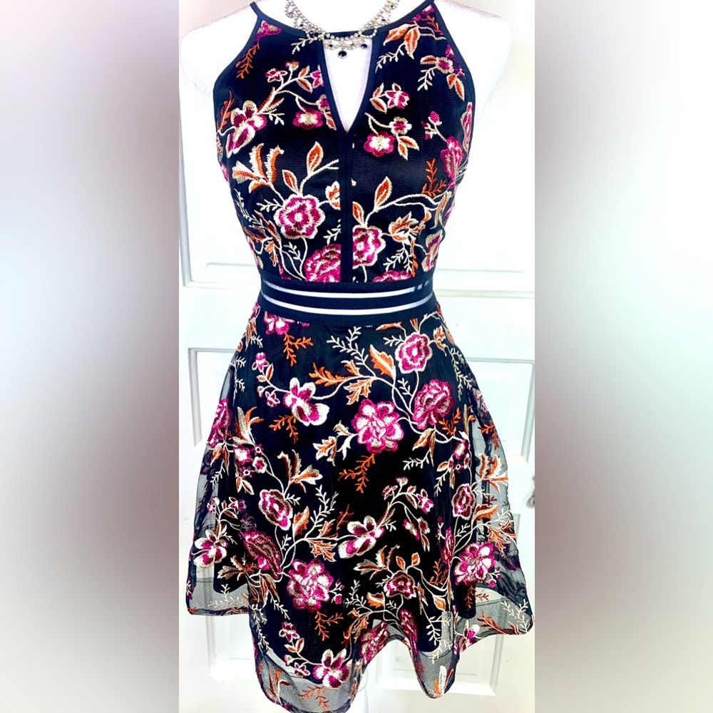 BCX Junior's Embroidered Illusion Fit & Flare Dress - Black w/ Colorful Flowers